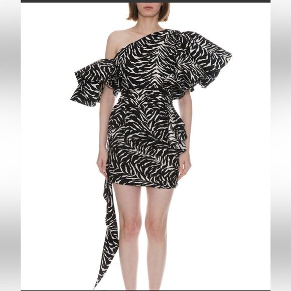 REDEMPTION RUFFLED ZEBRA-PRINT DRESS structured cocktail mini $2146 L 12 - Picture 1 of 16